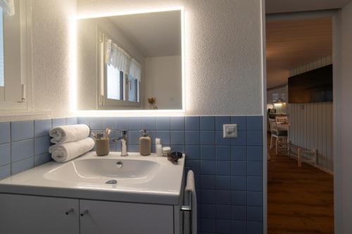 a bathroom with a sink and a mirror at Studio Muerner in Wildhaus