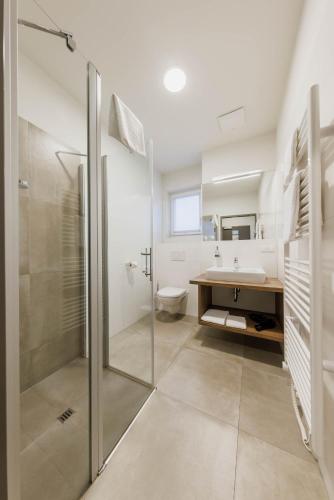 a bathroom with a shower and a sink and a toilet at Das schlaf&GUT - Self Check-In in Leibnitz