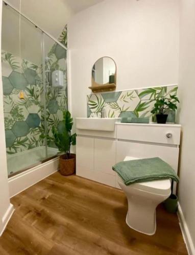 a bathroom with a shower and a toilet with a mirror at 1BR Haven in Crewe - Modern, Chic & Central in Crewe