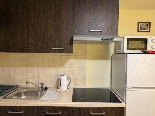 a kitchen with a sink and a white refrigerator at Casa nella Corte in Bellano