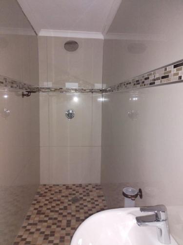 a bathroom with a shower with a sink and a toilet at JandJ Guest House in Armburg