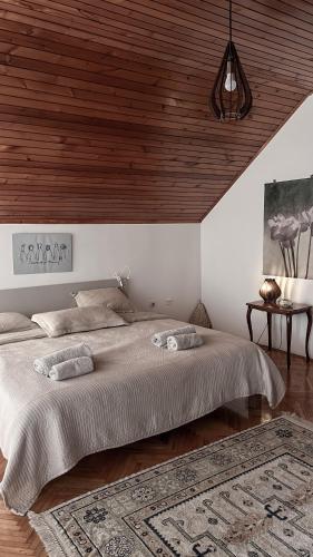 a bedroom with a large bed with a wooden ceiling at Villa Mina Kladovo, 5-Bedroom Villa with Pool for up to 12 People in Kladovo