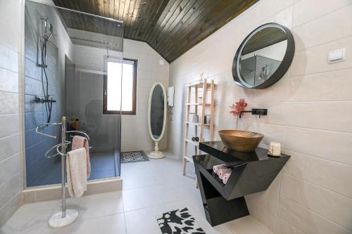 a bathroom with a shower and a sink and a mirror at Villa Mina Kladovo, 5-Bedroom Villa with Pool for up to 12 People in Kladovo