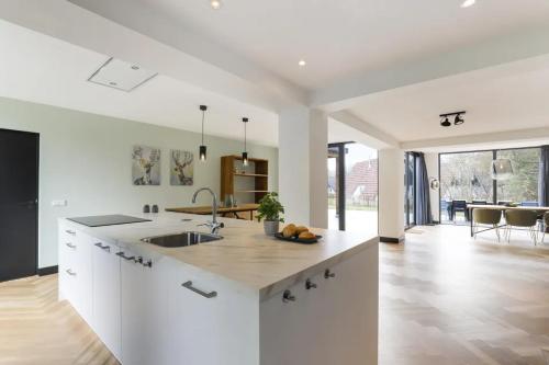 a white kitchen with a sink and a counter at Villa Vechtrijk | 12 persons in Gramsbergen