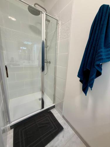 a bathroom with a shower with a blue towel at L'Atrium - Cour intérieure & box vélo, rdc in Castelnaudary
