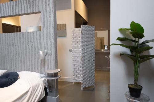 a bedroom with a bed and a mirror and a plant at Stylish Suite near Gouden Ham WiFi AC in Oss