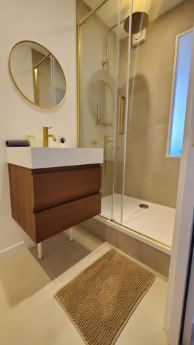 a bathroom with a sink and a shower with a mirror at Le Balcon Cosy - Centre Clermont in Clermont-Ferrand