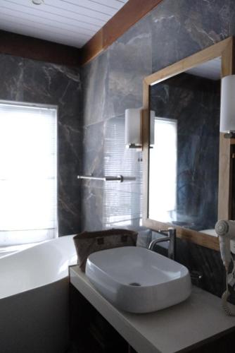a bathroom with a sink and a mirror at Lakaz Zoizo in Crève Coeur