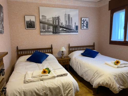a bedroom with two beds with blue pillows at Los Henares 3 in Olombrada