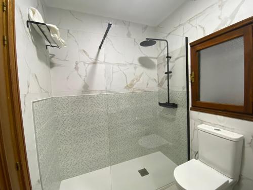 a bathroom with a shower with a toilet and a glass door at Los Henares 3 in Olombrada