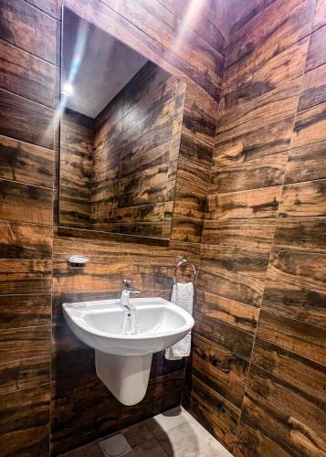 a bathroom with a sink and wooden walls at Anthonian Suites in Accra