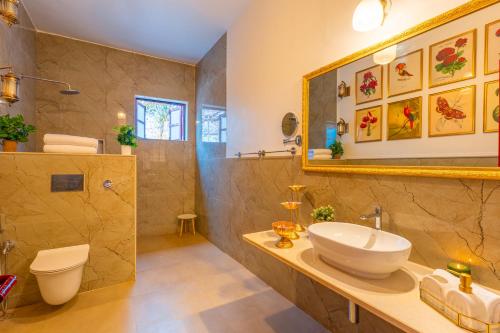 a bathroom with a sink and a toilet and a mirror at Seclude Hampi 1800 in Sandūr