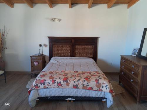 a bedroom with a bed and a dresser at Los del Sur cabañas in Comodoro Rivadavia