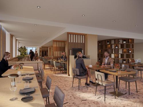 a rendering of a restaurant with people sitting at tables at ATLANTIC Hotel Frankfurt in Frankfurt