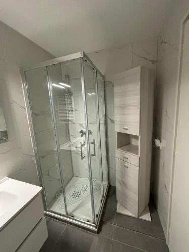 a bathroom with a shower with a glass enclosure at J&D Comfort Apartment in Cresciano