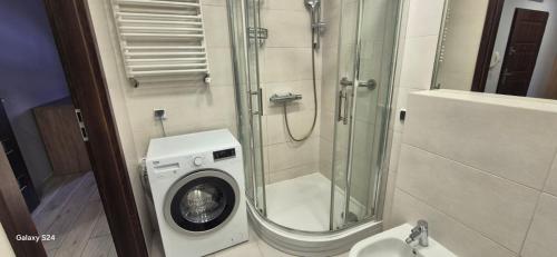 a bathroom with a washing machine and a shower at Apartament SORENTO 7 in Gorzów Wielkopolski