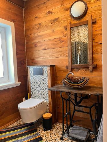 a bathroom with a toilet and a mirror at Brzozowy Zakątek in Waśki