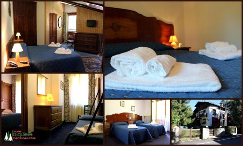 a collage of four pictures of a hotel room at Hotel La Quiete in Bardonecchia