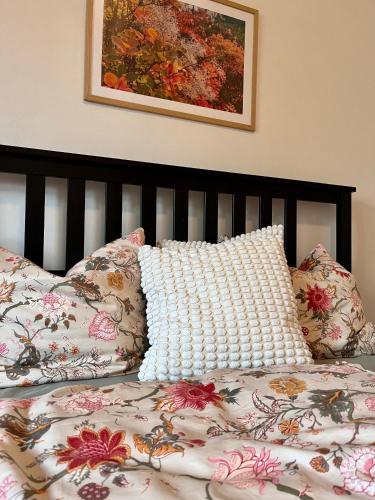 a bed with two pillows and a picture on the wall at Ferienwohnung in Cammer