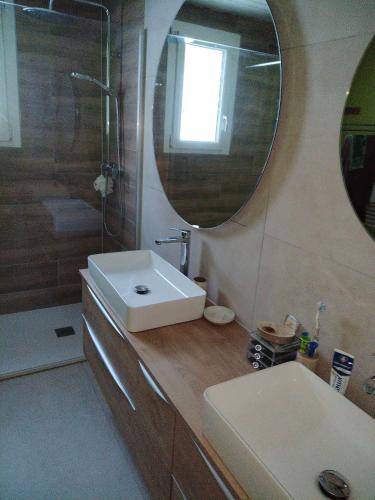 un bagno con lavandino e specchio di Chez Laurence a Bellefontaine
