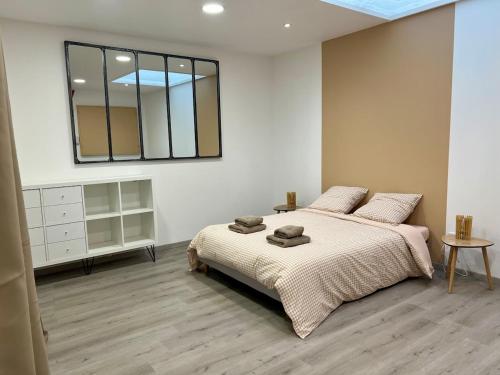 a bedroom with a large bed and a mirror at Le Lido Maison 6 personnes in Saint-Varent