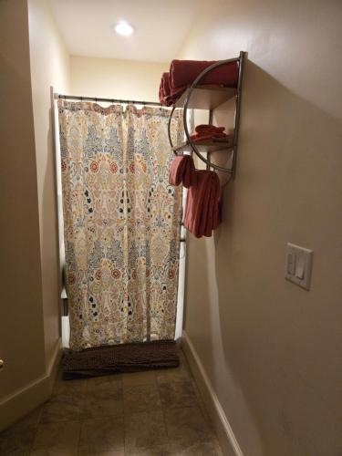 a hallway with a shower curtain in a room at Firehouse Inn in Barre