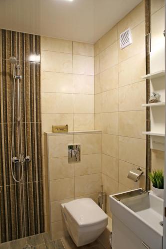 a bathroom with a toilet and a sink and a shower at Villa Heaven Hills in Tsŭrkva