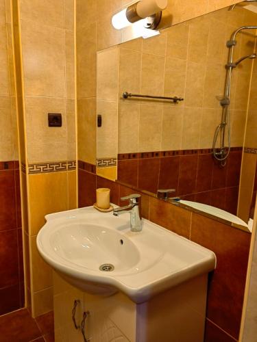 a bathroom with a white sink and a mirror at Hostel By the Hill in Veliko Tŭrnovo