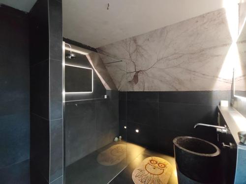 a bathroom with a shower and a sink and a toilet at Haus Auszeitblick in Bad Bentheim