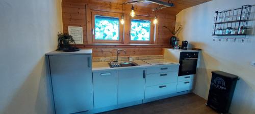 a kitchen with blue cabinets and a sink and a window at Landhaus Rickies in Aifersdorf