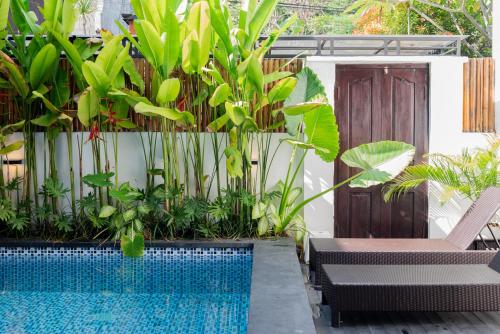 a swimming pool in a garden with plants at The Aura Inn in Kerobokan