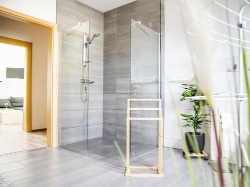 a shower with a glass door in a bathroom at Apartment mit Terrasse by Interhome in Mönkebude