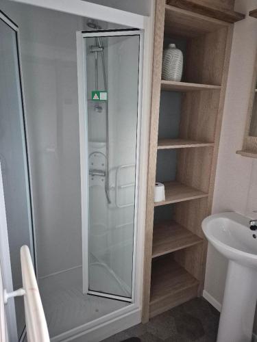 a glass shower in a bathroom with a sink at 87 Mountain View, Hafan Y Mor in Afon Wen Junction