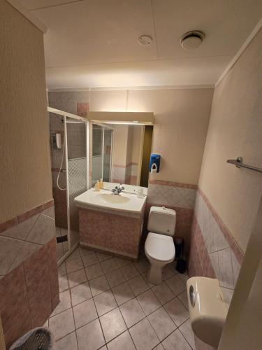 a bathroom with a toilet and a sink and a shower at Heia Hotell in Våler i Solør