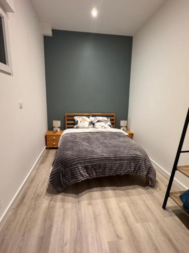 a bedroom with a bed and a blue wall at HOME 102 Cosy in Lons-le-Saunier
