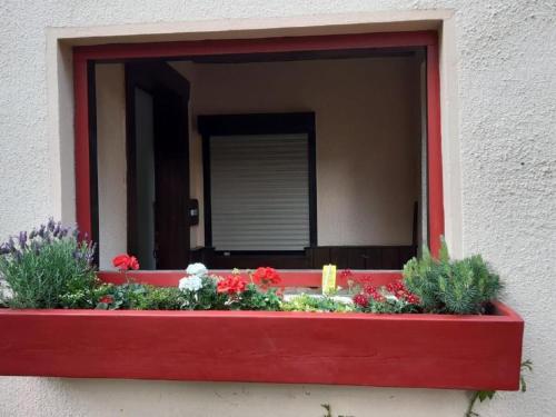 a window with flowers in a red window box at Apartment Bergnest by Interhome in Bad Gottleuba