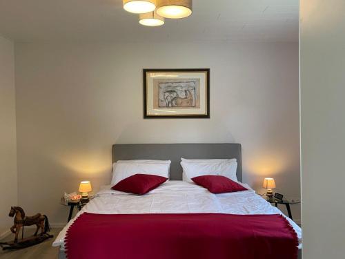 a bedroom with a large bed with two red pillows at Apartment Annika by Interhome in Hückeswagen