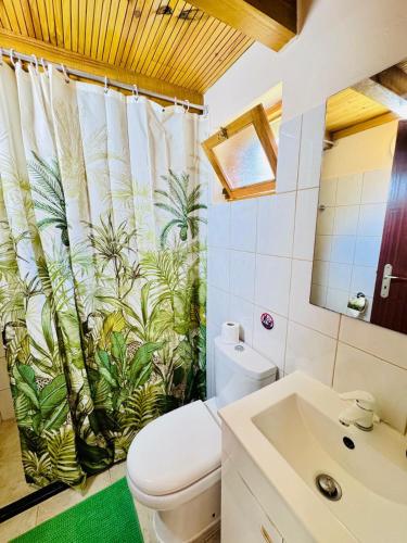 a bathroom with a toilet and a shower curtain at Casa do Til in Porto Moniz