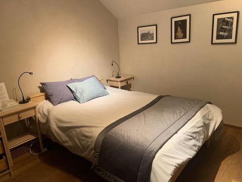 a bedroom with a large bed with two tables and two lamps at Gîte Banet-Sart à Daverdisse in Daverdisse