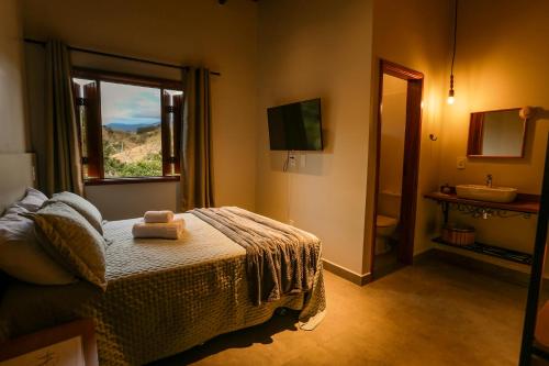 a bedroom with a bed and a window and a sink at Pousada Charme da Mantiqueira in Passa Quatro