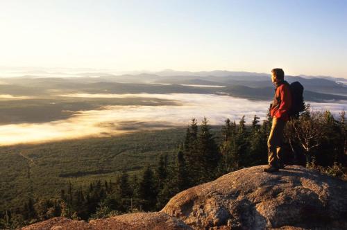 a man standing on top of a rock at Chalet Le Madison Refuge nordique et ciel étoilé au pied du Mont-Mégantic in La Patrie