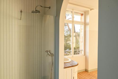 a bathroom with a shower with a sink and a window at Villa Chantereine in Cabourg