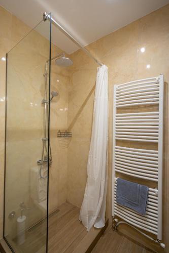 a bathroom with a shower with a glass shower stall at Meteora Rockside Lodge in Kalabaka