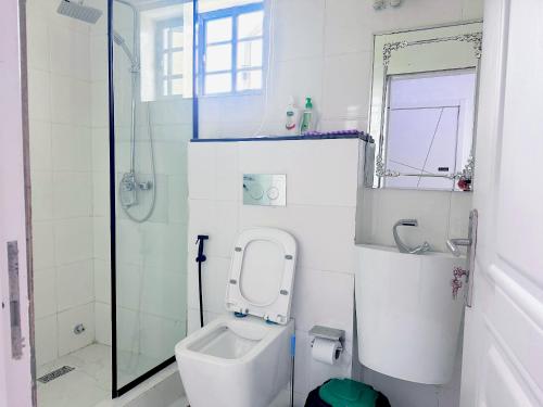 a white bathroom with a toilet and a shower at Aquamarine Premium 5 Bedroom Duplex in Lagos in Lekki