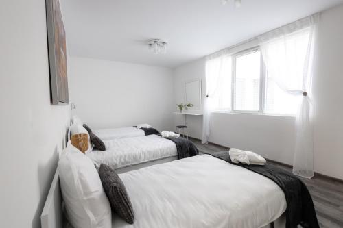 two beds in a room with white walls at Hotel Cheese in Shumen