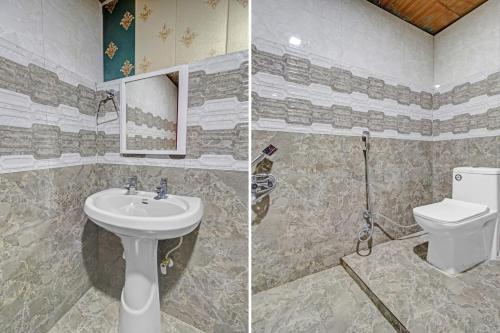 two pictures of a bathroom with a toilet and a sink at Hotel Lake Side in Srinagar