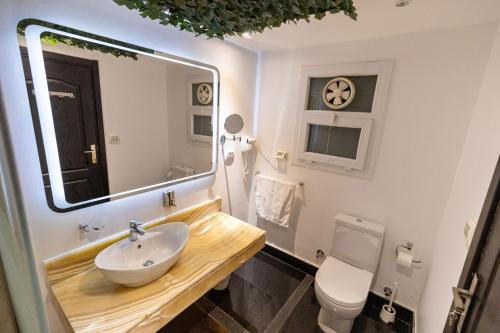 a bathroom with a sink and a toilet and a mirror at Deluxe Ocean Apartment Heliopolis in Cairo