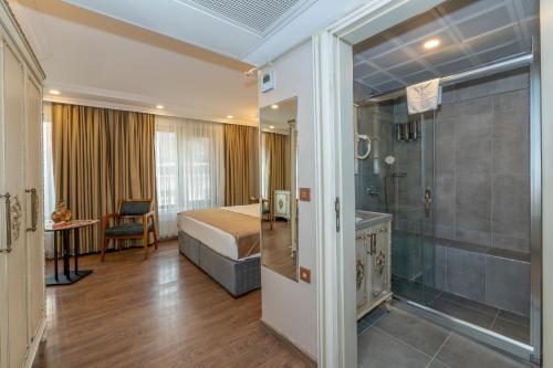 a bedroom with a shower and a bed and a bathroom at Almadina Hotel Istanbul in Istanbul