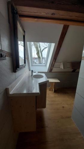 ein Badezimmer mit Waschbecken und Fenster in der Unterkunft Oderlandblick Apartment in Friedersdorf
