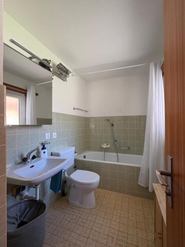a bathroom with a sink and a toilet and a tub at Salü 5 in Saas-Fee